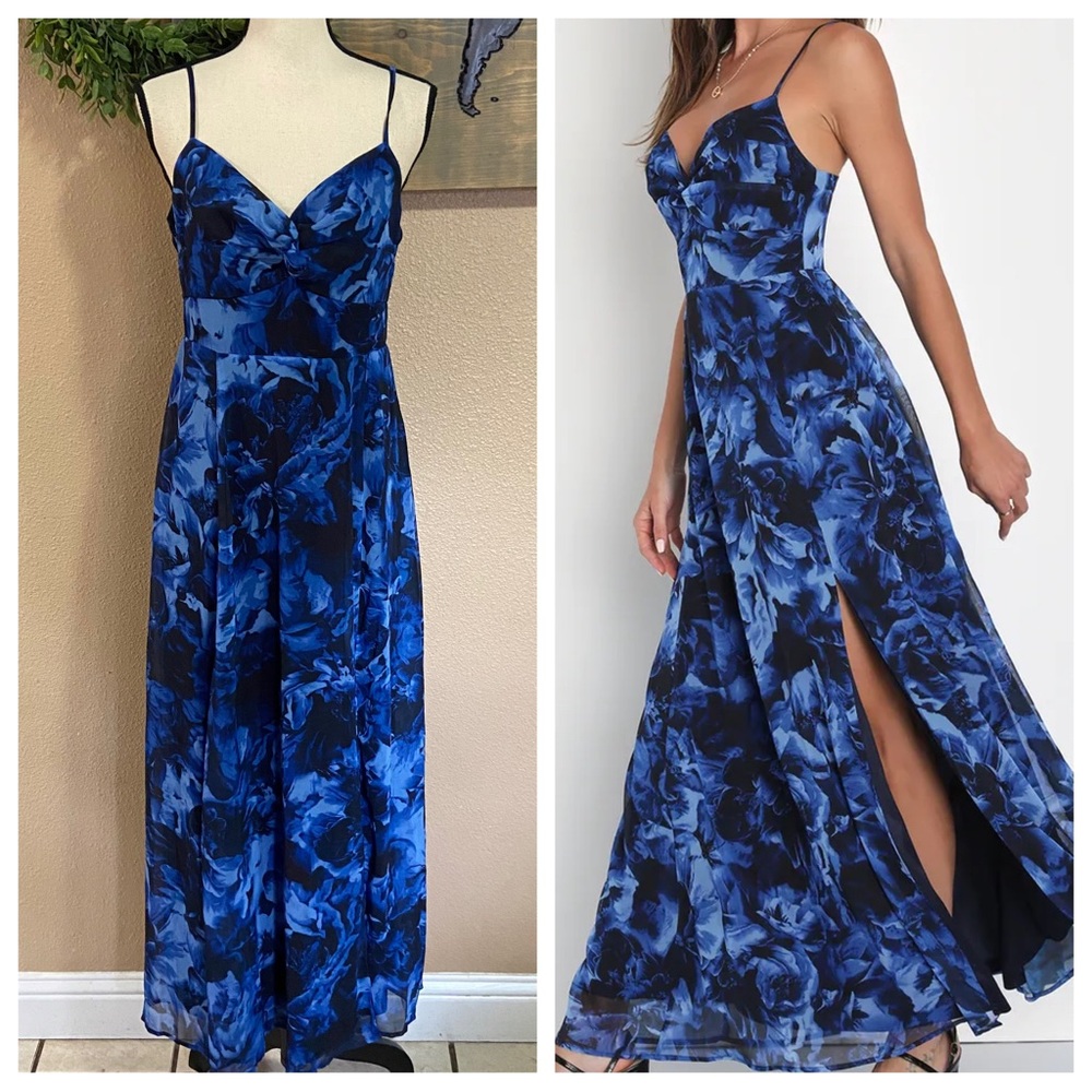 NWOT Lulus Beautiful Soul Blue Floral Print Twist-Front Maxi Dress